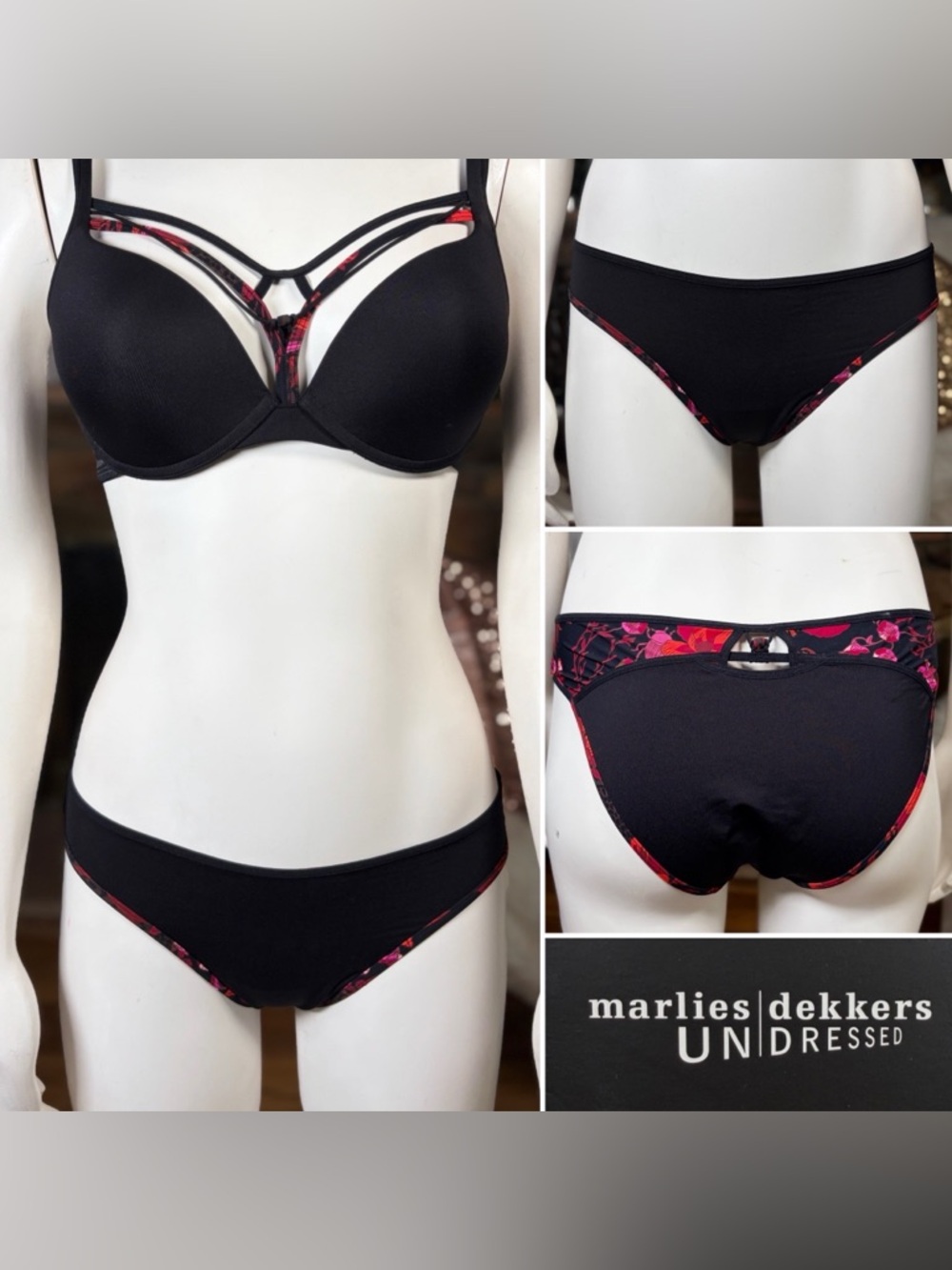 Marlies Dekkars Black & Red Floral Keyhole Detail Bikini Panty Underwear, Sz  M